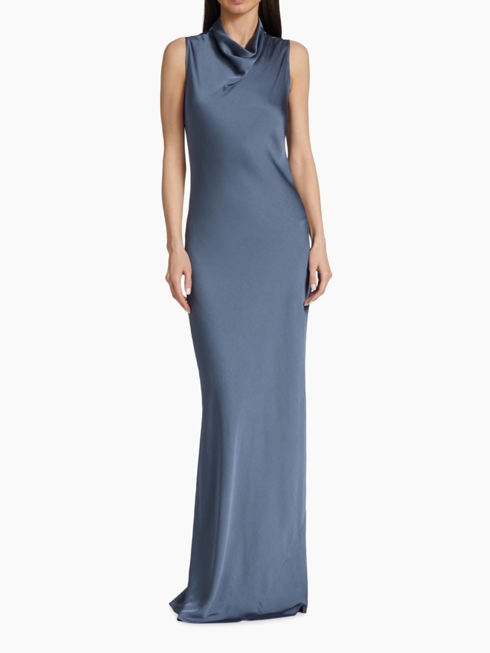 Veronica Beard Kura Sleeveless Cowl Neck Satin Gown in Steel Blue